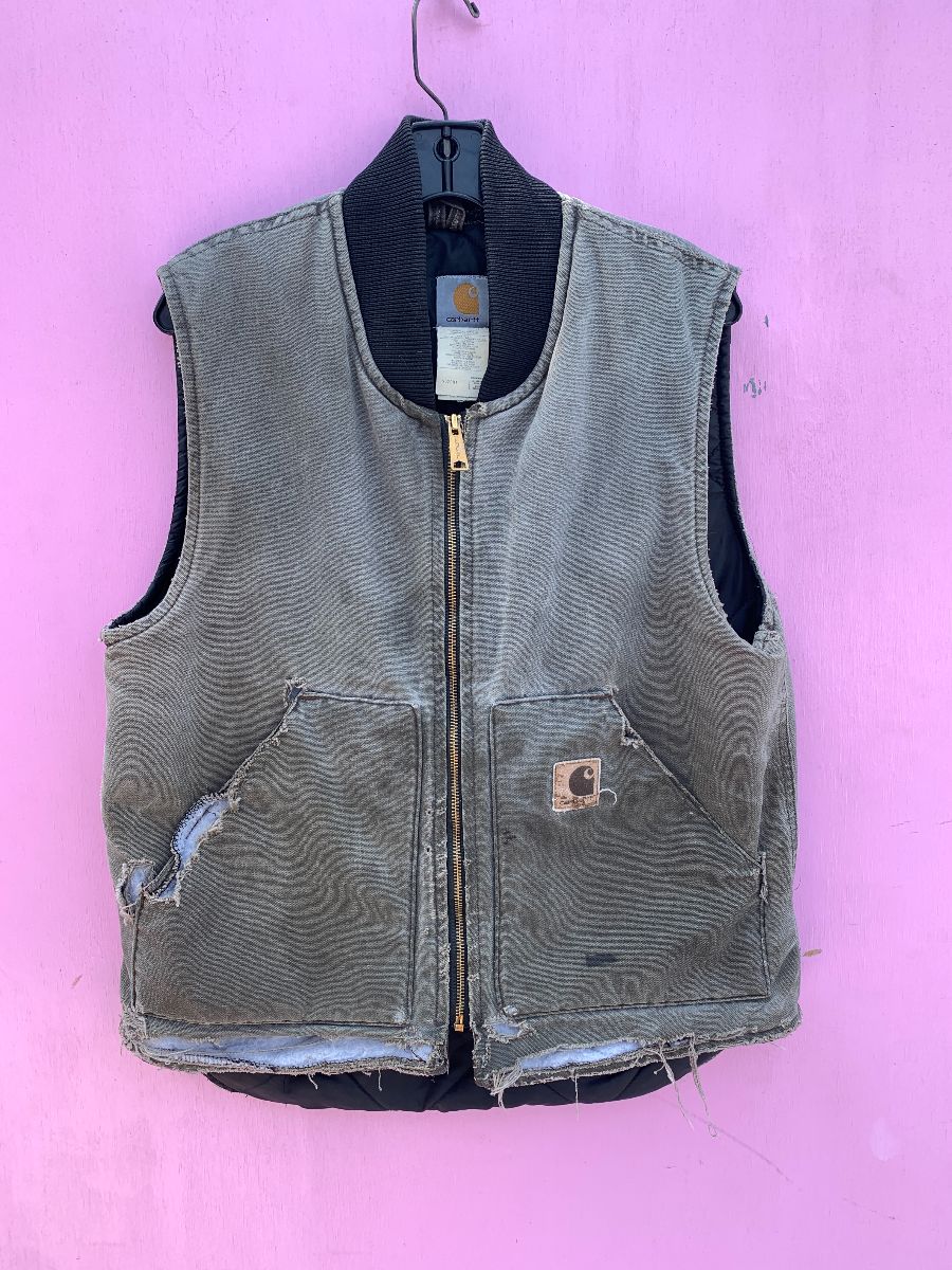 Heavily Distressed Carhartt Denim Zip Up Workwear Vest As-is