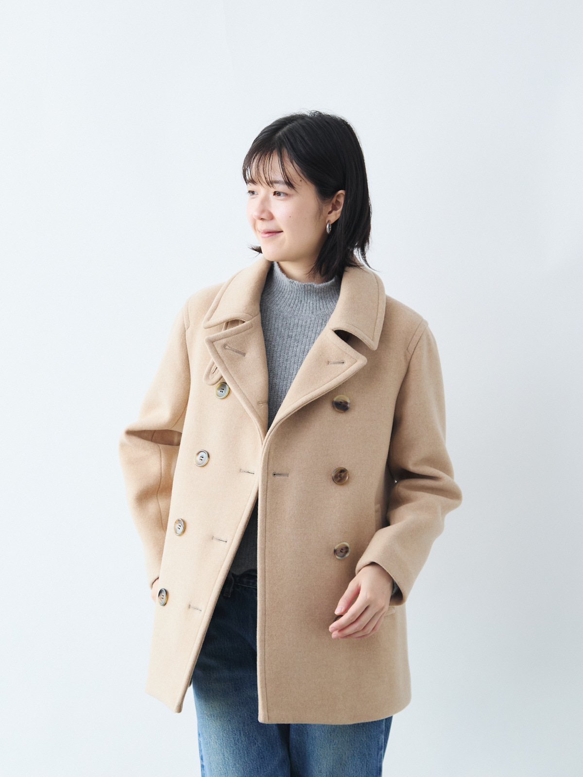 Super120's ウールメルトンピーコート/ベージュ | Factelier