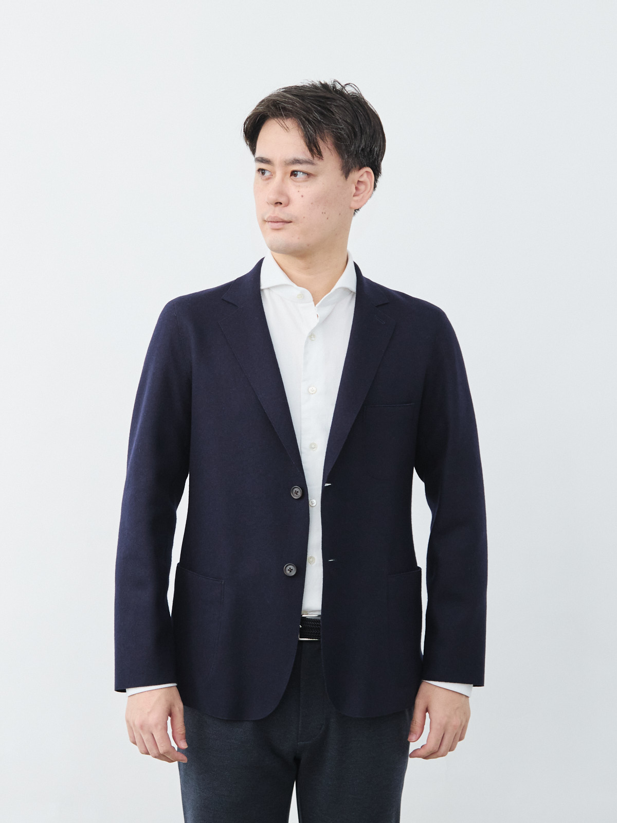 カシミヤ混 メルトンライク テーラードジャケット/ストレッチ/ネイビー