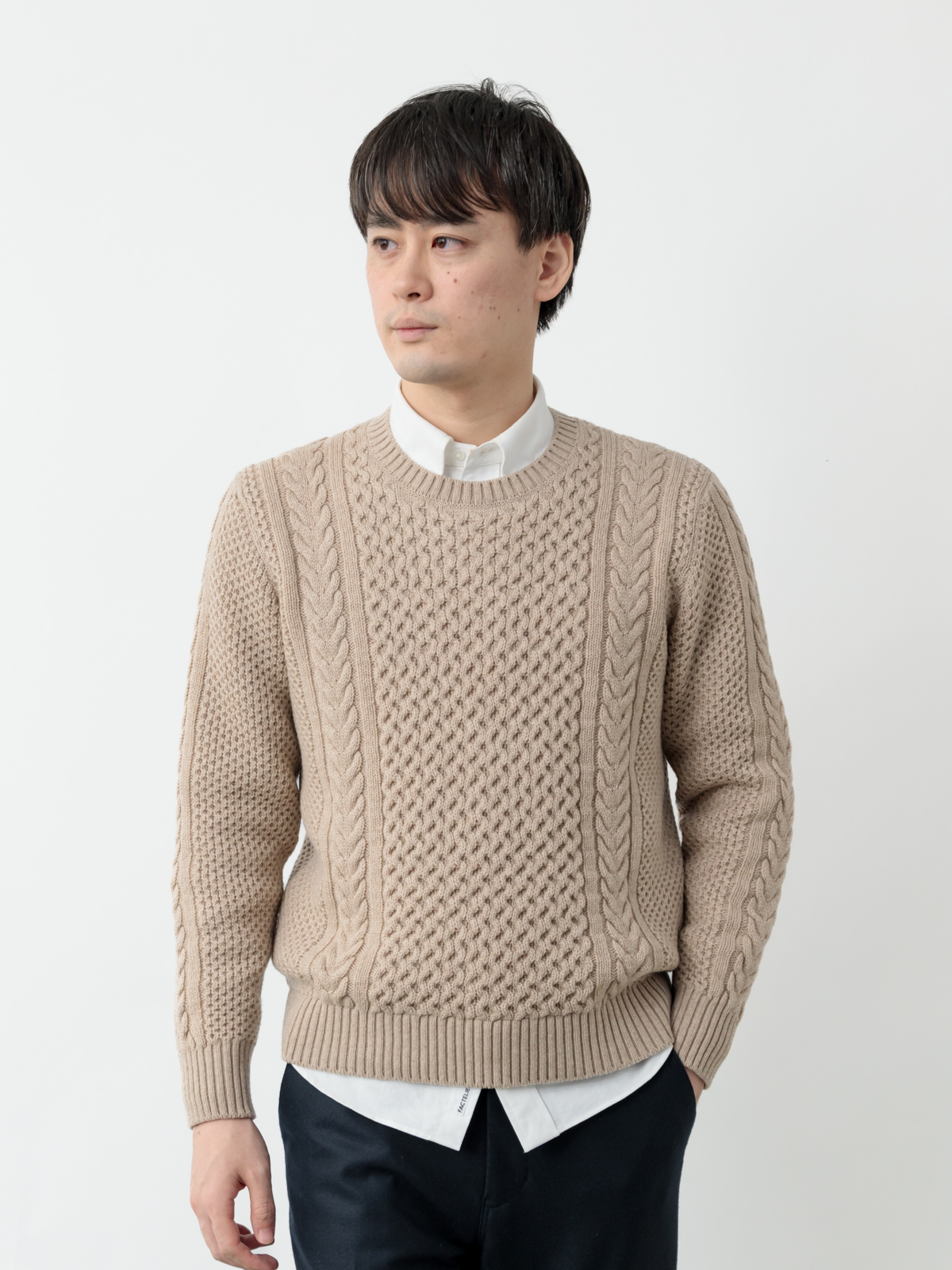 ウォッシャブルウール100% 軽量ケーブル編みニット/ベージュ