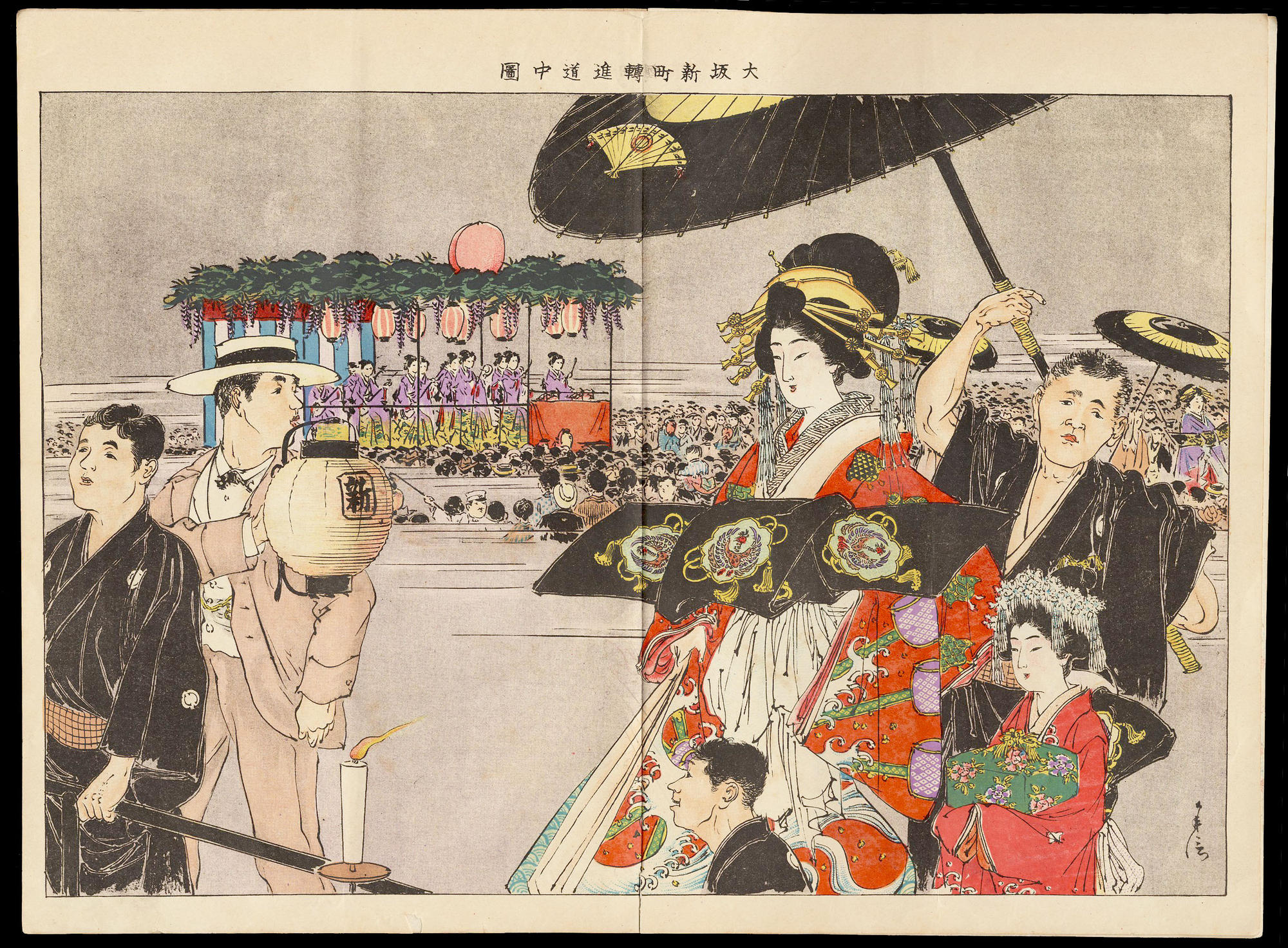 Taguchi Toshinobuによる浮世絵「Osaka Shinmachi Oiran Procession