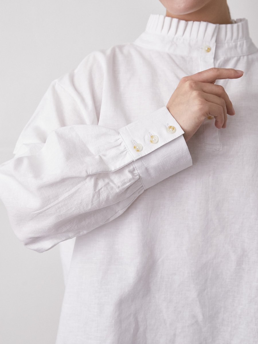 フリルスタンドカラーブラウス 綿麻オックス | シャツBLナガソデ