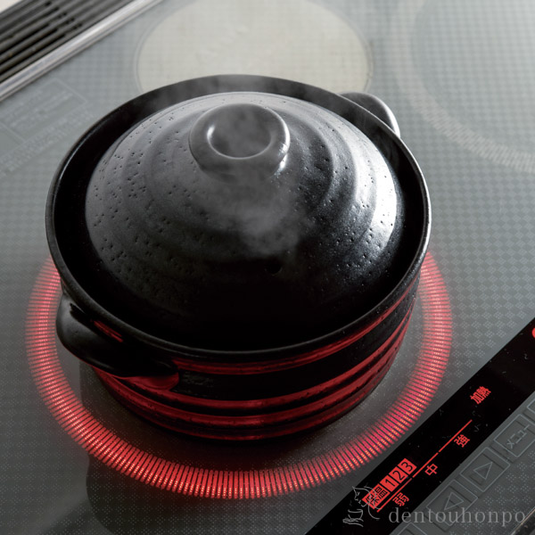 送料無料】 ご飯釜（炊飯土鍋） IH対応 黒釉メタル 二重蓋 2合炊き