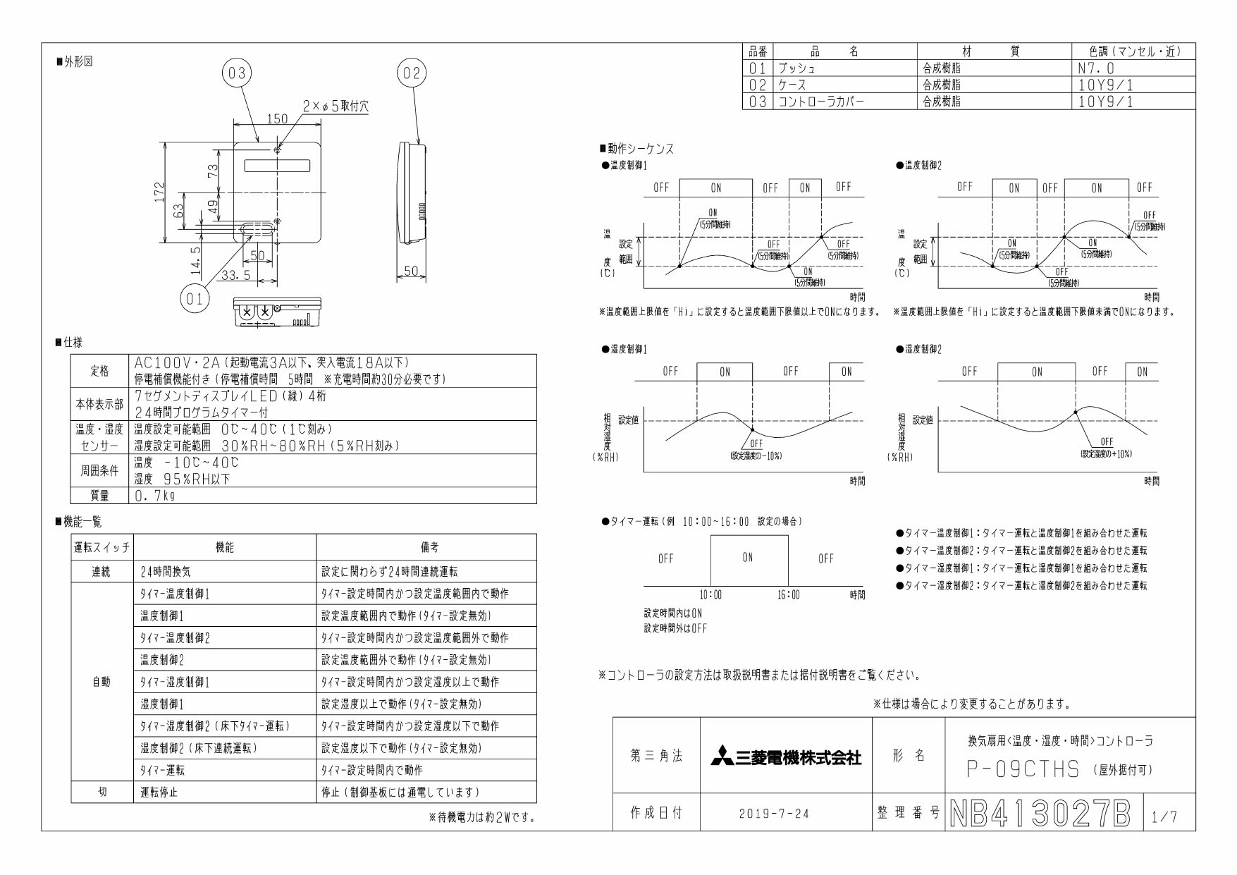 P-09CTHS | 換気扇 | 換気扇用（湿度・温度・時間）コントローラ三菱