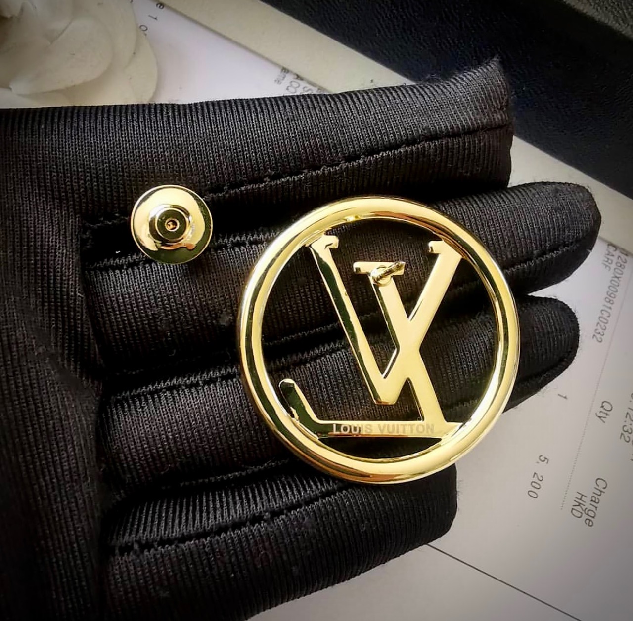 Gold LV Brooch - Designer Button Jewelry
