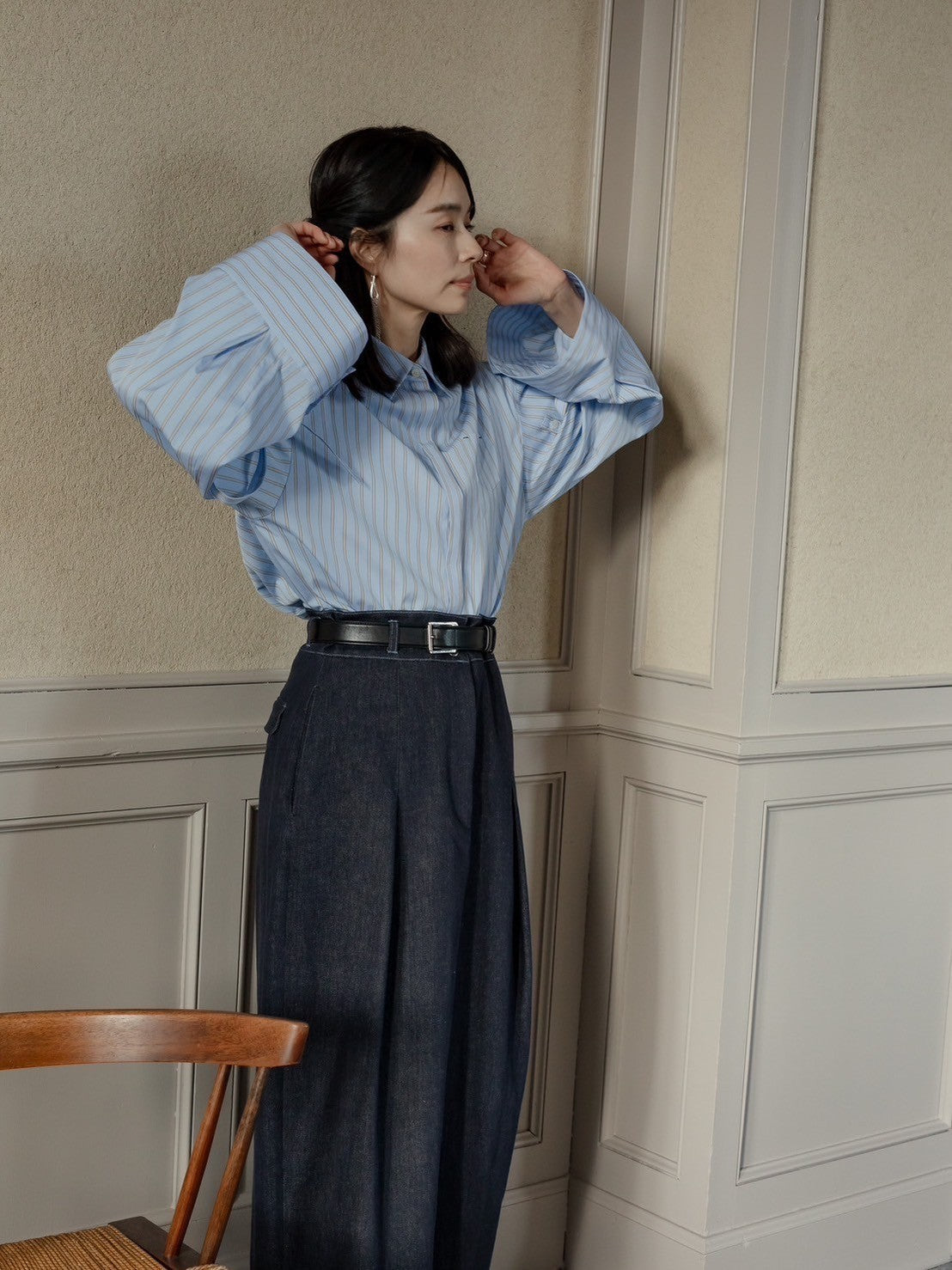 Mia / deres thomas mason 6way sleeve shirt (STRIPE/ INDIGO / CLEAR