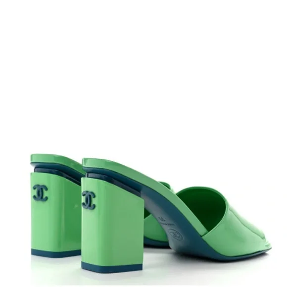 CHANEL | Shoes | Chanel Cc Patent Green Mules Heels | Poshmark