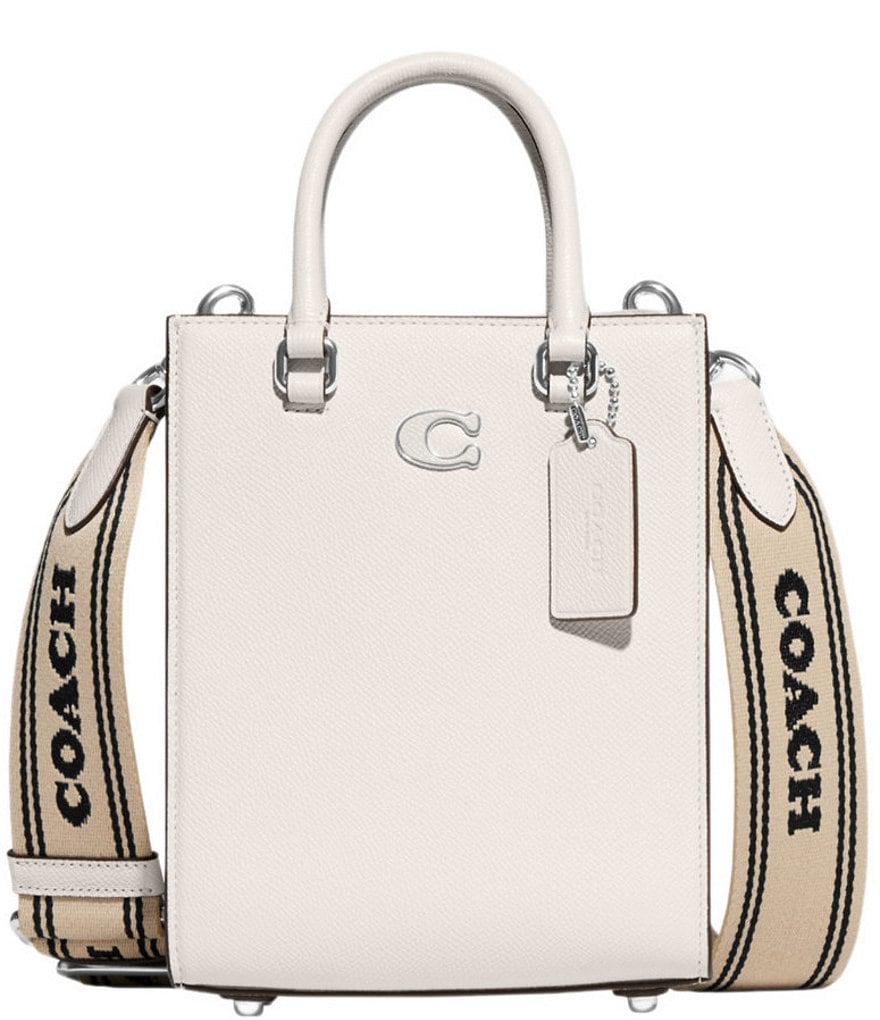 COACH Logo Web Strap Leather Chalk White Silver Tone Crossbody
