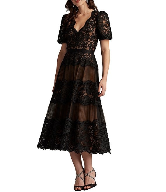 Tadashi Shoji Short Sleeve Lace Tier A-Line Midi Dress | Dillard's