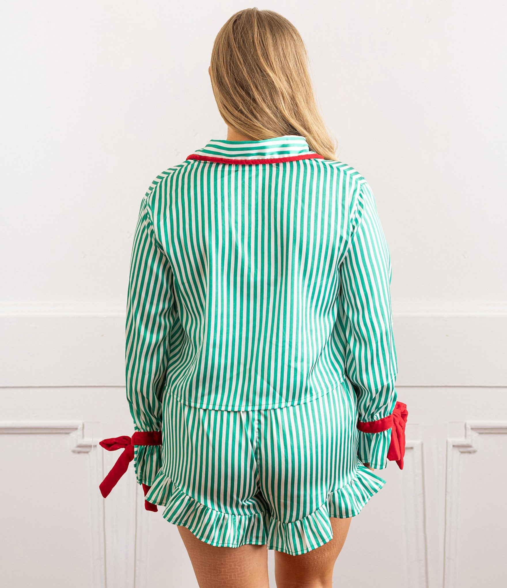 8 Oak Lane Long Sleeve Satin Striped Shorty Bow Holiday Pajama Set