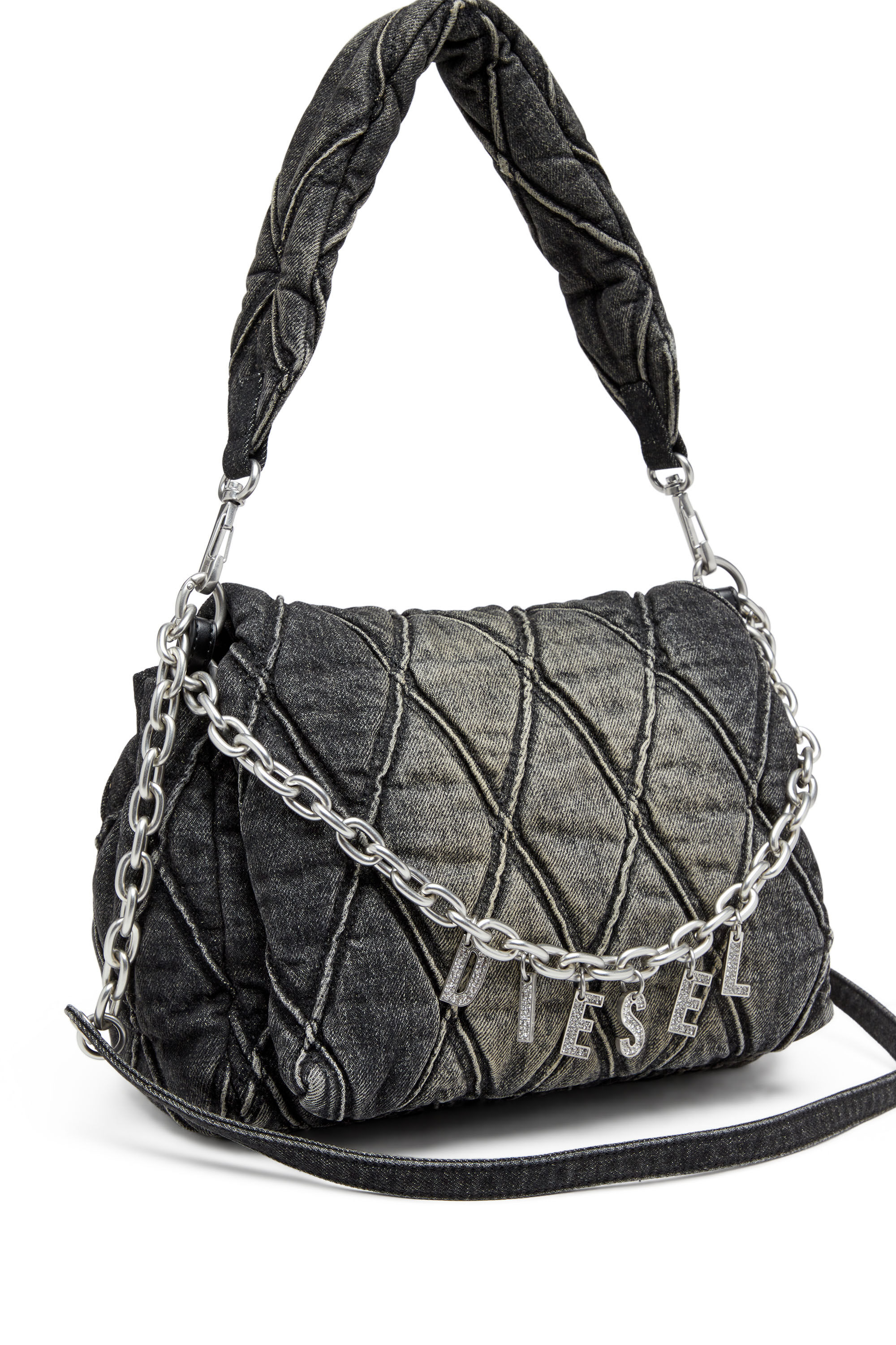 Women's Charm-D Shoulder M bag in quilted Denim | Black | Diesel