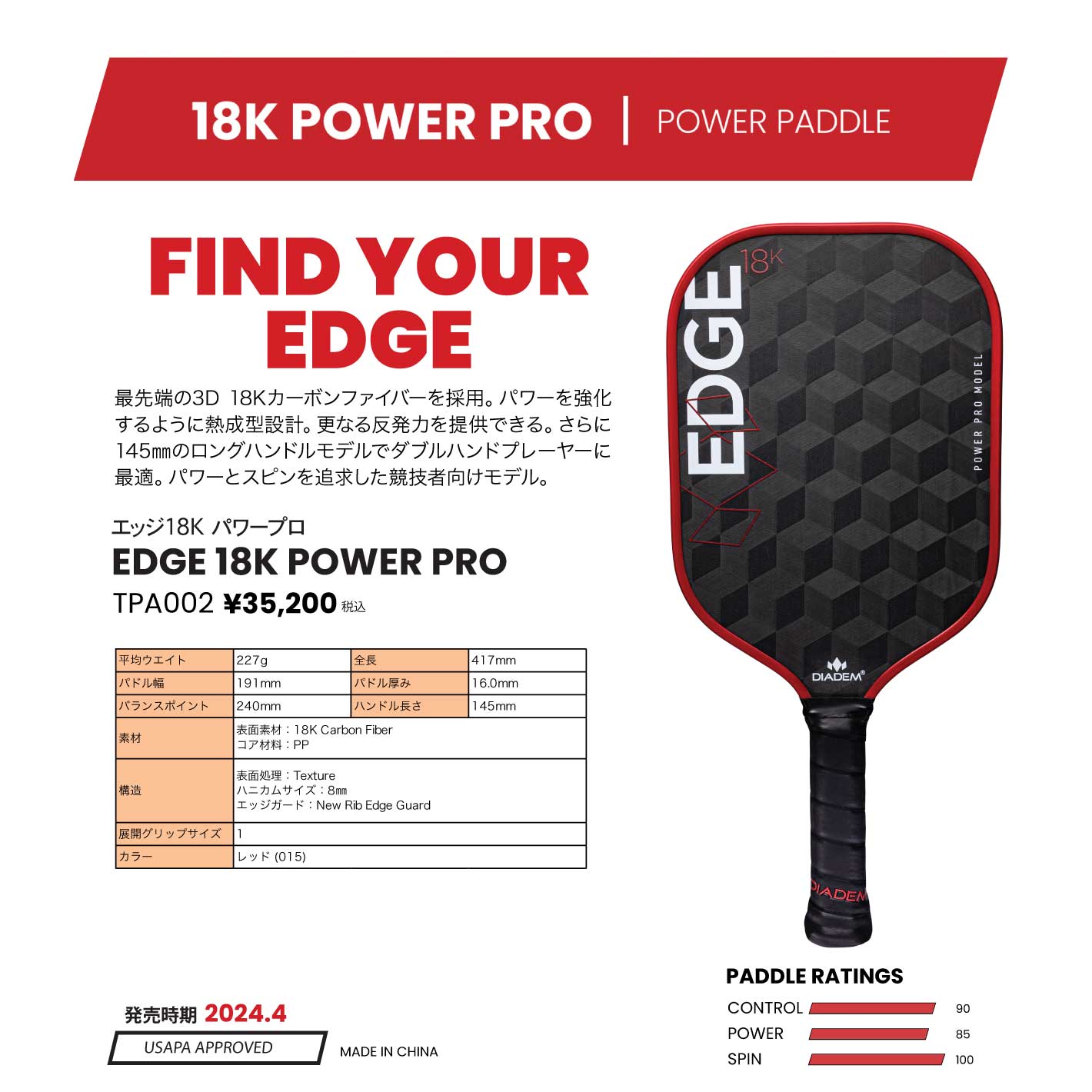 EDGE 18K POWER PRO - DIADEM | ピックルボール