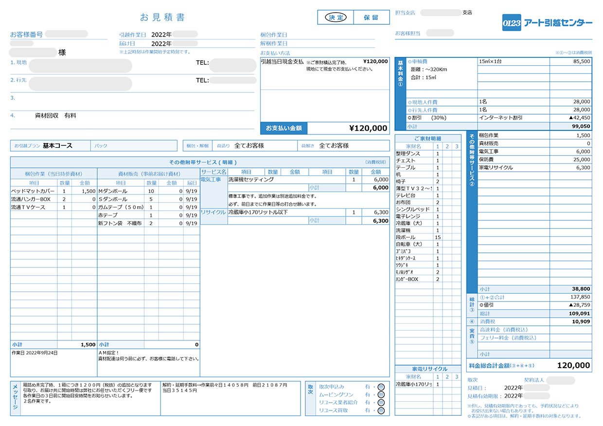 アート引越センターで見積もりを取った結果は？ 値引き交渉後の見積書