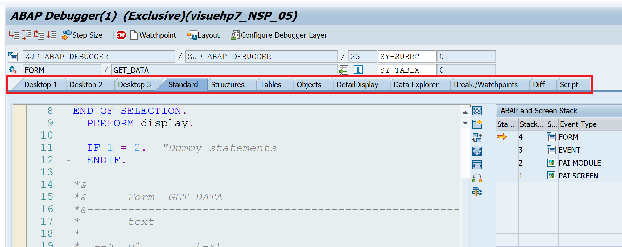 Exploring ABAP Debugger[4]: Work with different desktops