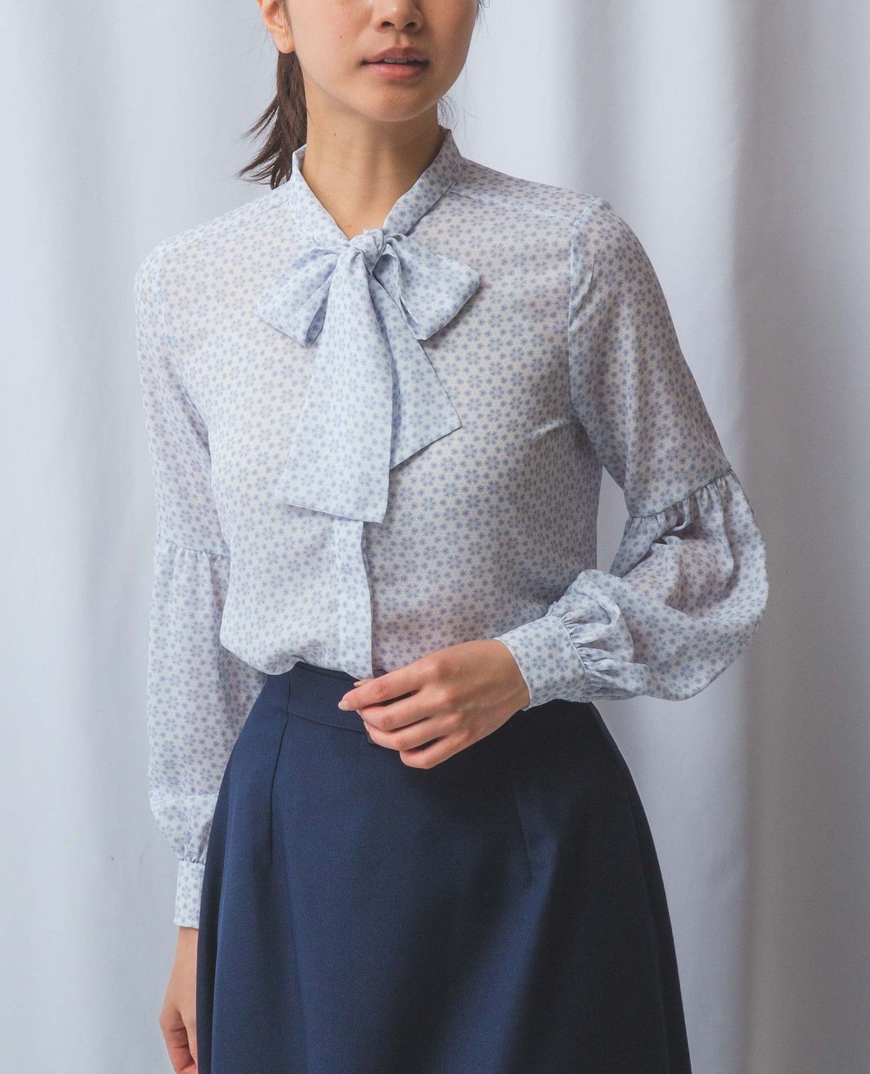 NARACAMICIE】スノークリスタルギャザースリーブボウタイブラウス(1(M