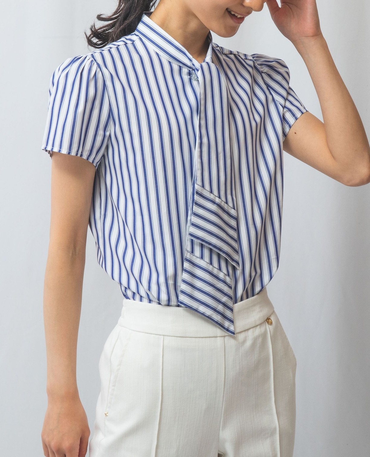 NARACAMICIE】ブライトストライプボウタイブラウス(1(M)9号 ブルー