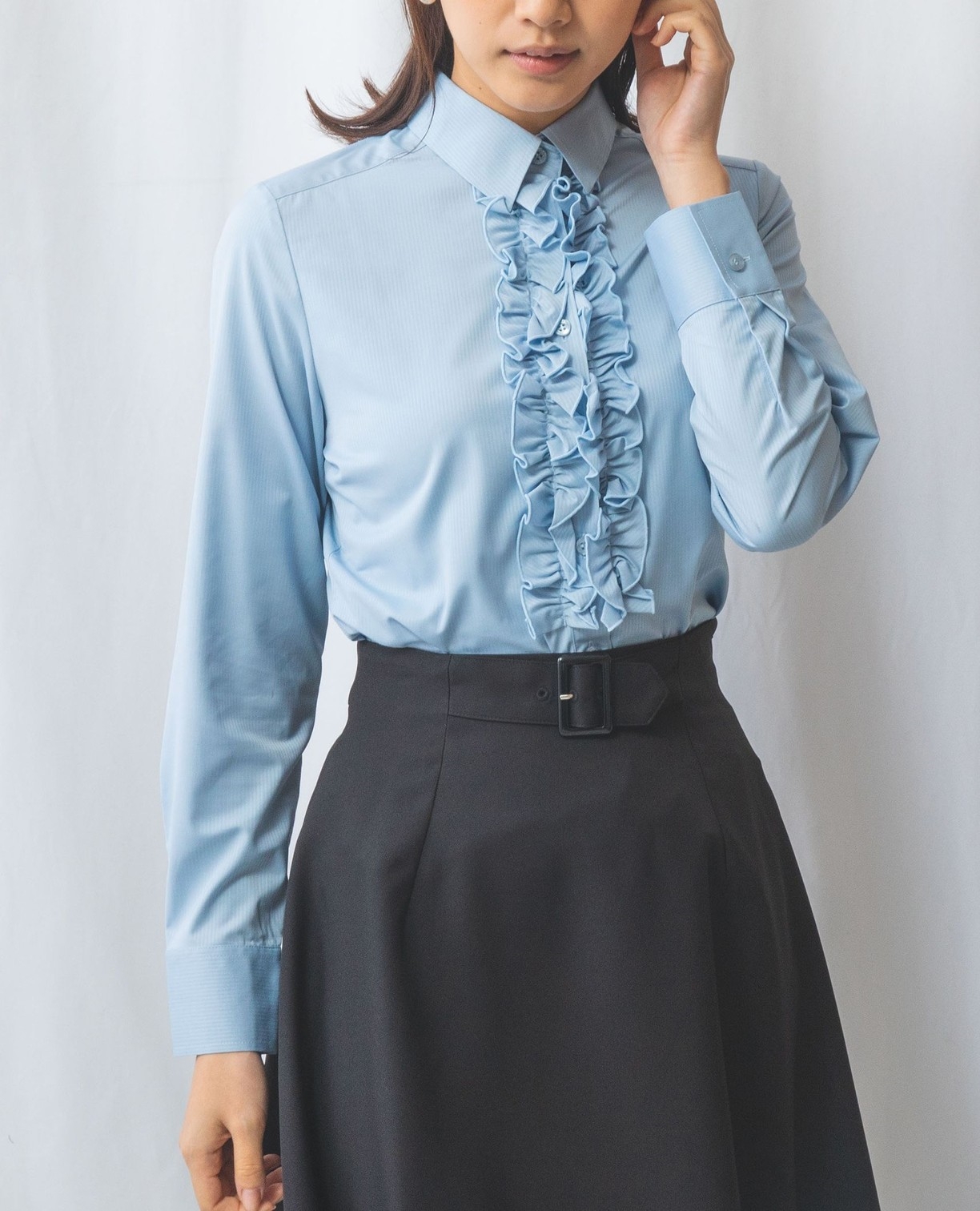 NARACAMICIE】ストライプフロントフリル長袖ブラウス(1(M)9号 ブルー