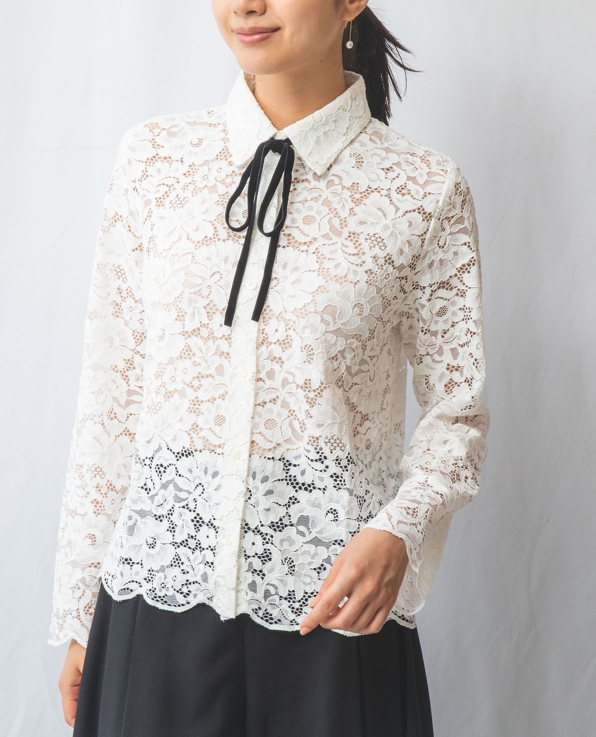 NARACAMICIE】リボン付きレース長袖ブラウス(1(M)9号 ホワイト): ナラ