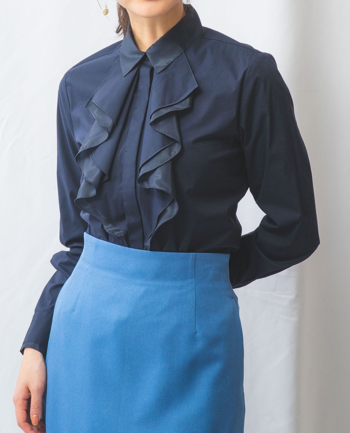 NARACAMICIE】衿フリルブロード長袖シャツ(1(M)9号 ネイビー): ナラ