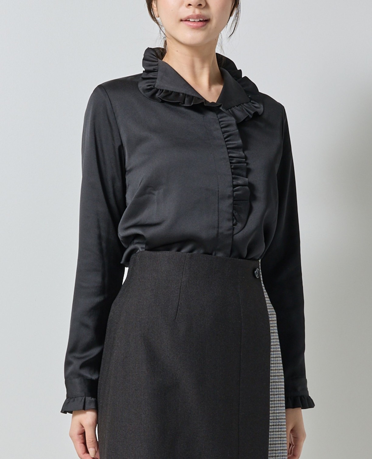 NARACAMICIE】サテンフリル長袖ブラウス(1(M)9号 ブラック): ナラ