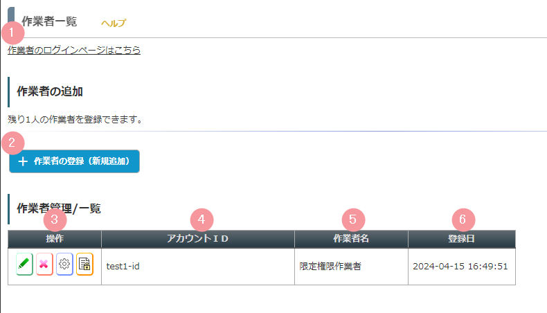 画面説明：作業者管理一覧 ｜ MyASP マニュアルサイト