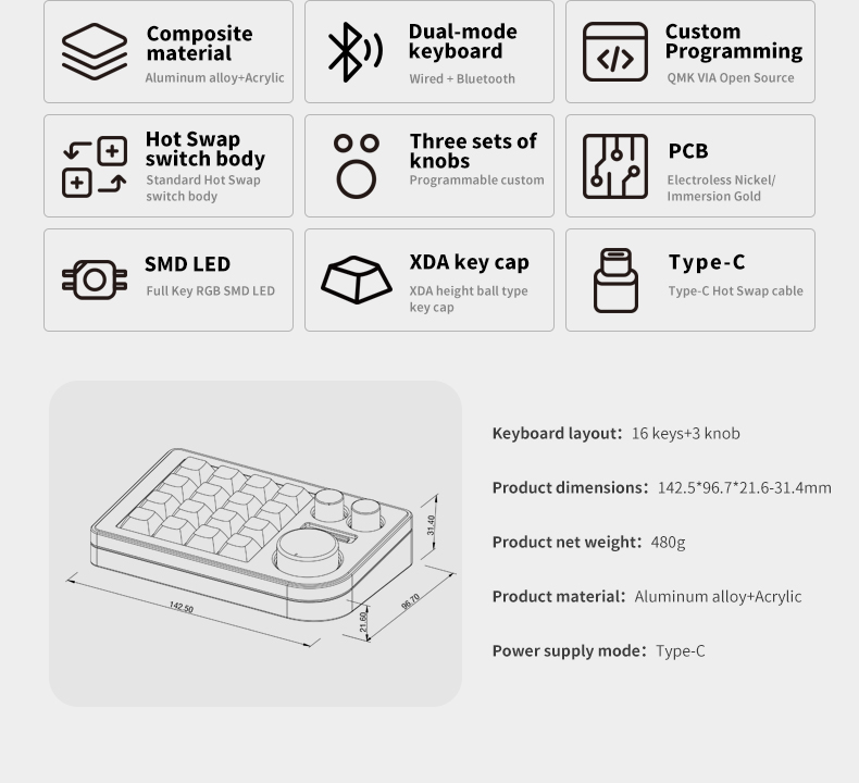 16 keys Mechanical keyboard Bluetooth Version KB16B-02-