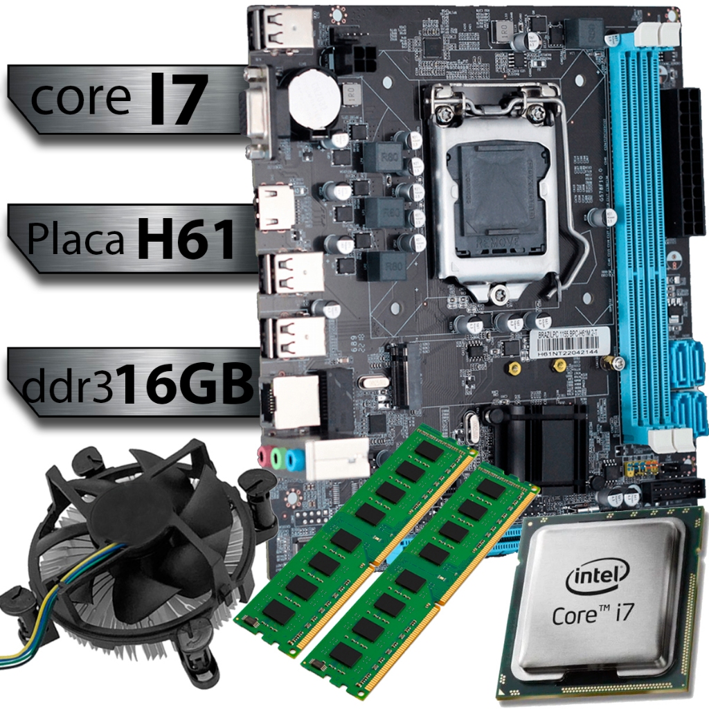 Kit Pl Mãe H61 + Processador I7 2600 + Memória ddr3 16gb + Cooler