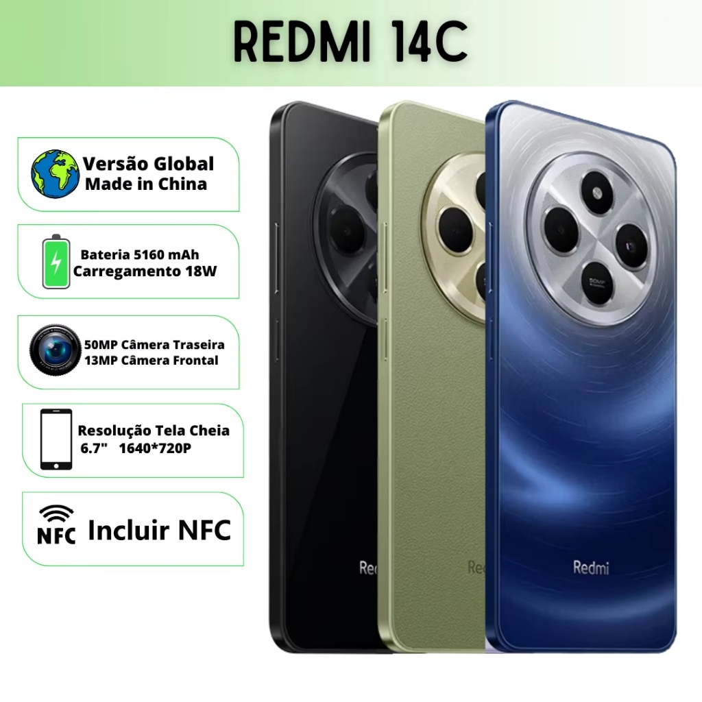 Xiaomi Redmi 14C 8GB 256GB Dual NFC SIM 4G Tela 6.88