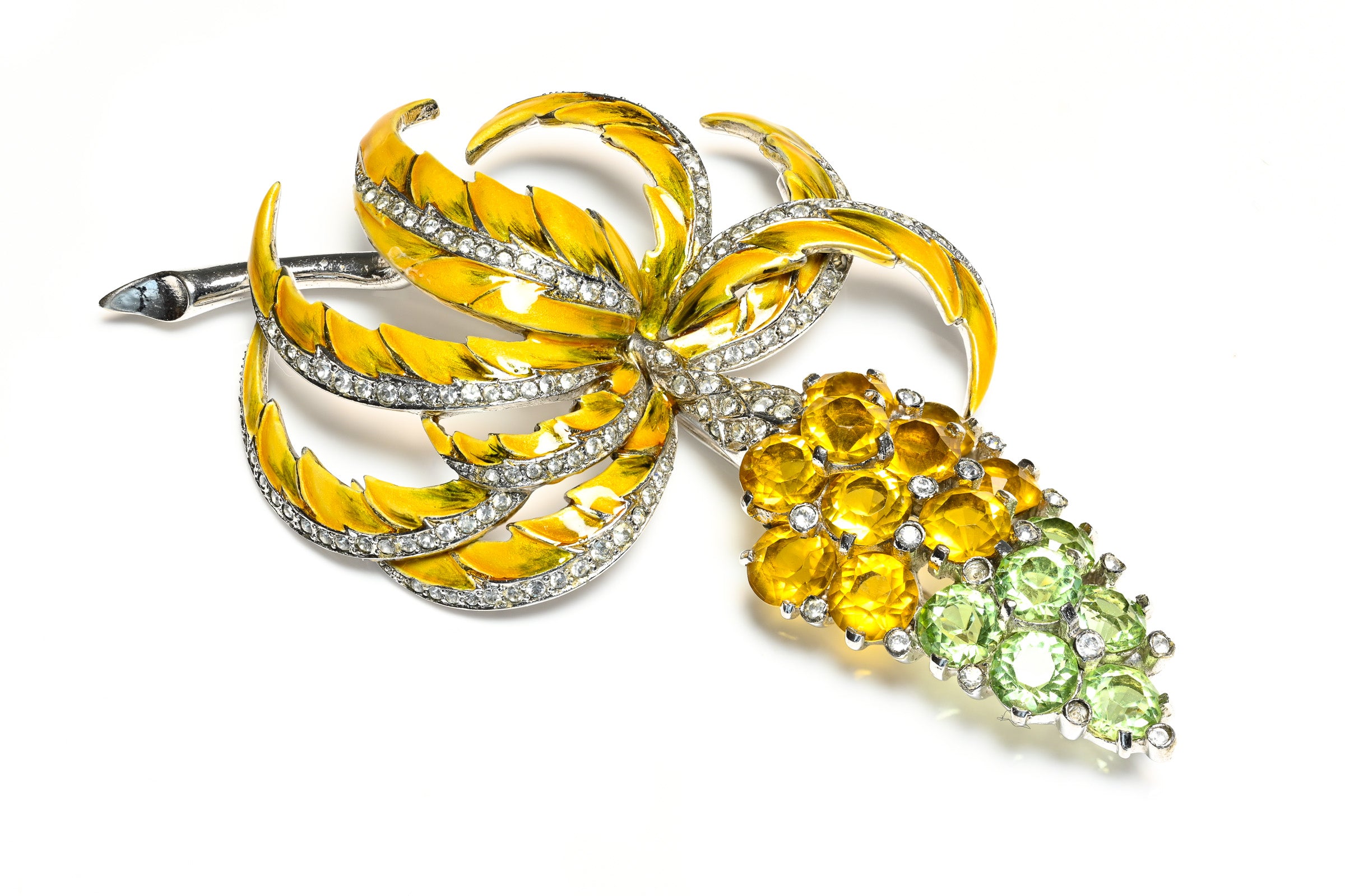 Vintage 1940's Marcel Boucher Yellow Enamel Green Crystal Flower Brooc