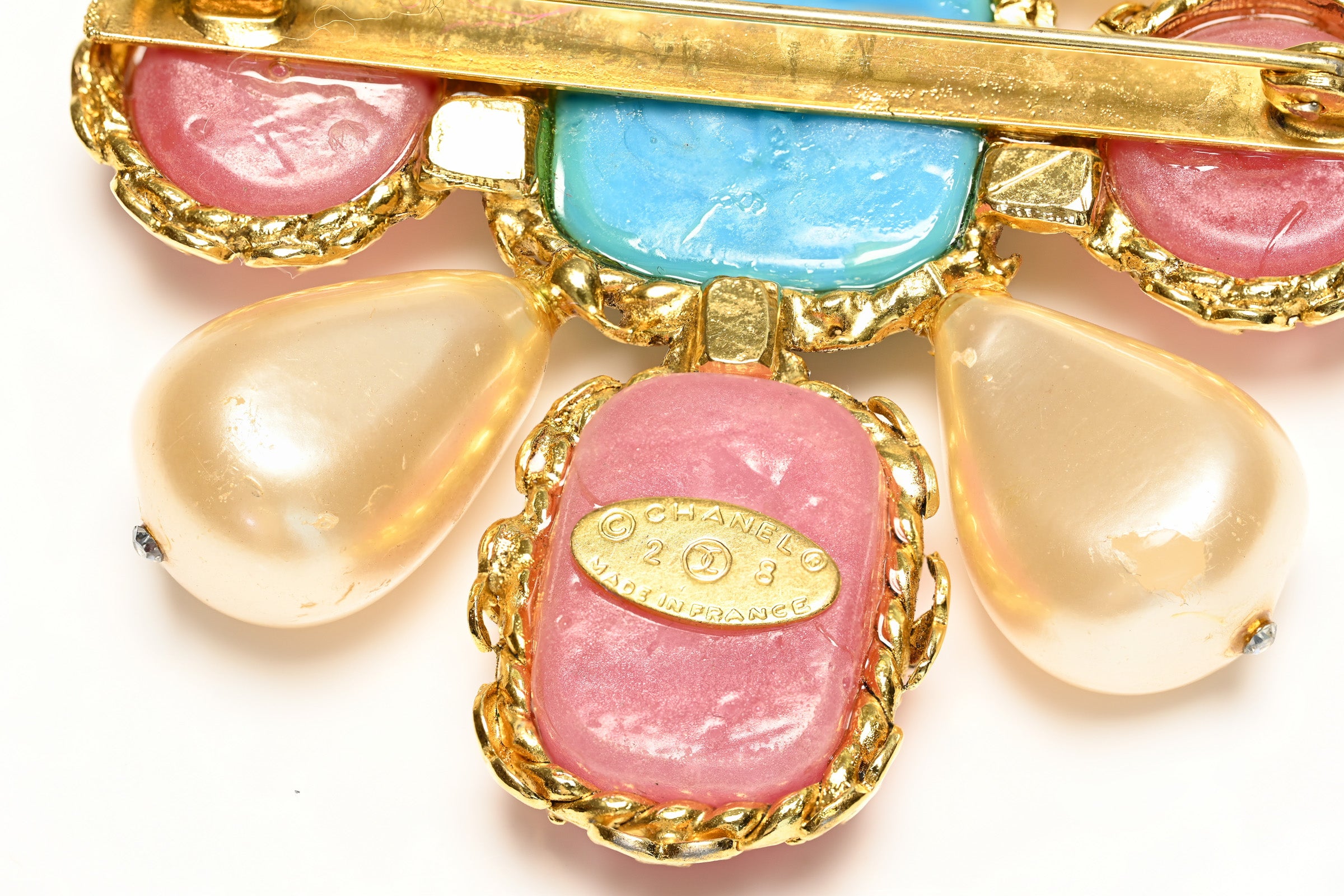 Vintage 1990's Chanel Paris Gripoix Pink Blue Glass CC Pearl Cross Flo