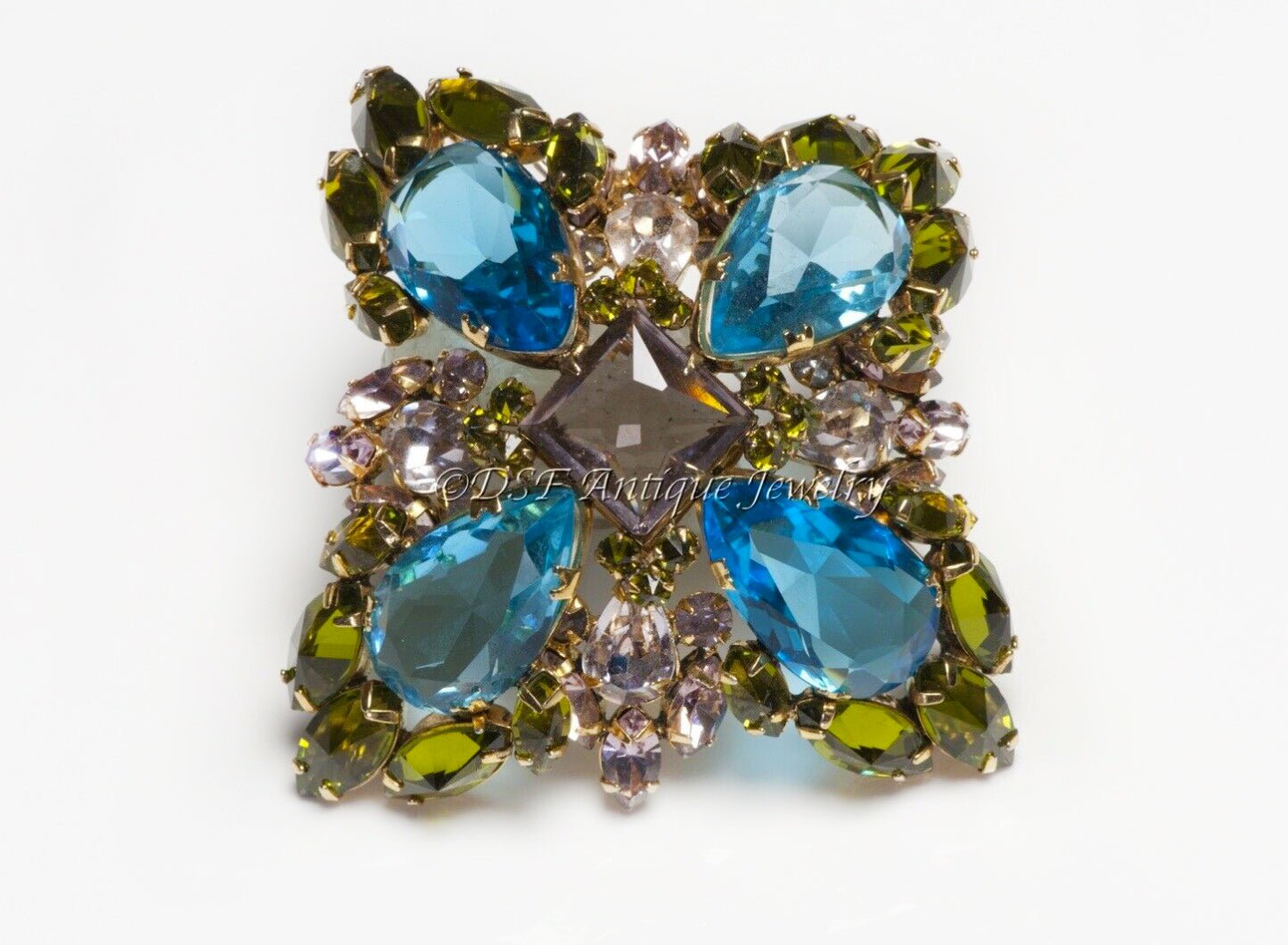 SCHREINER New York 1950's Blue Green Pink Crystal Flower Brooch