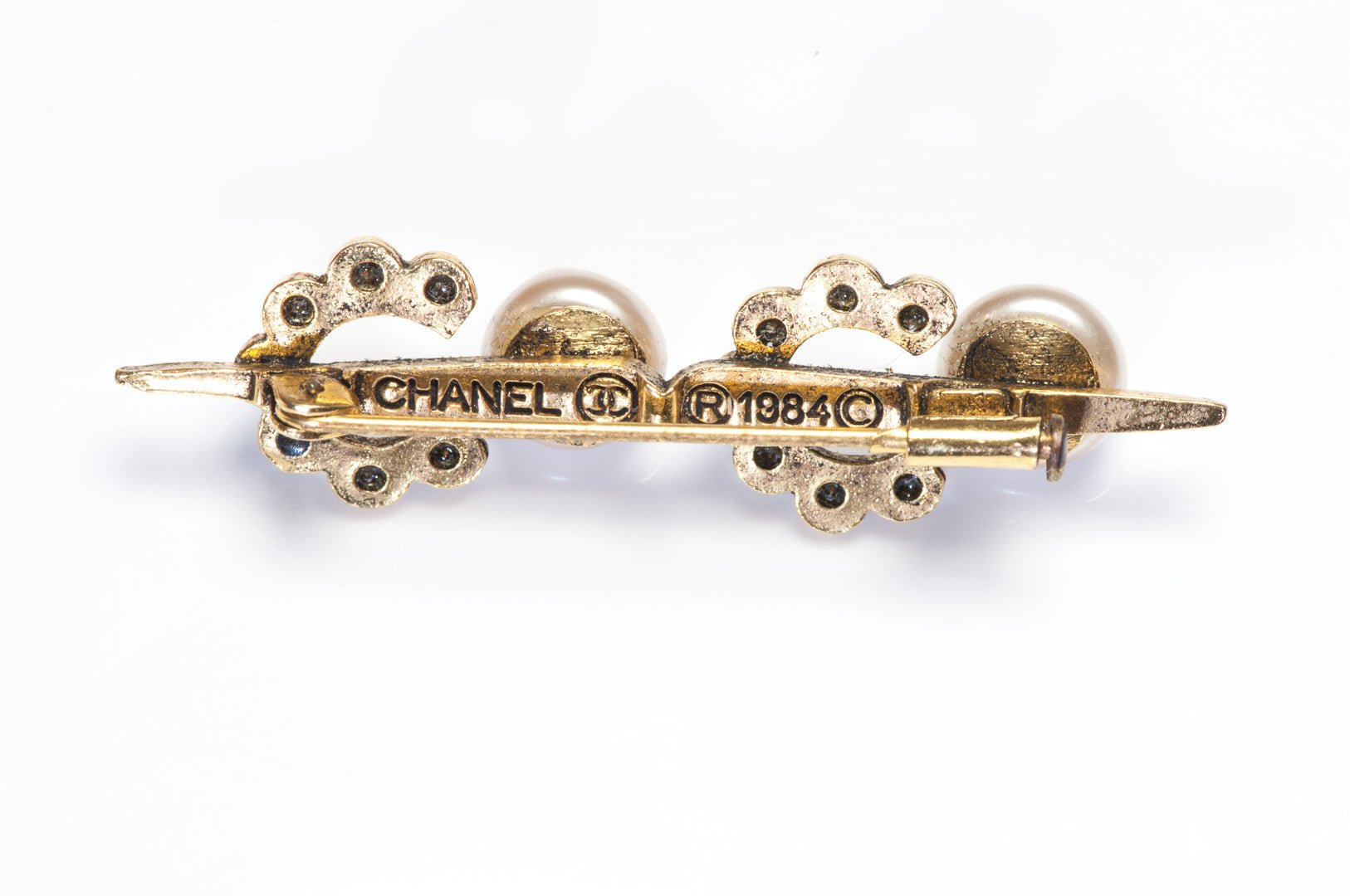Vintage Chanel Paris 1984 Pearl Crystal Coco Letter Bar Pin Brooch