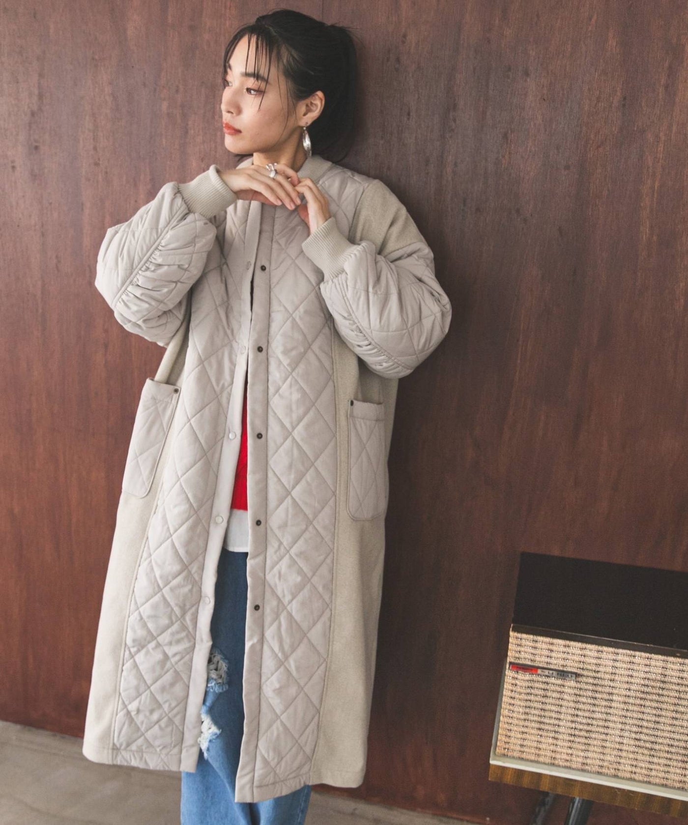 異素材キルティング×フェイクウールロングコート – レディース
