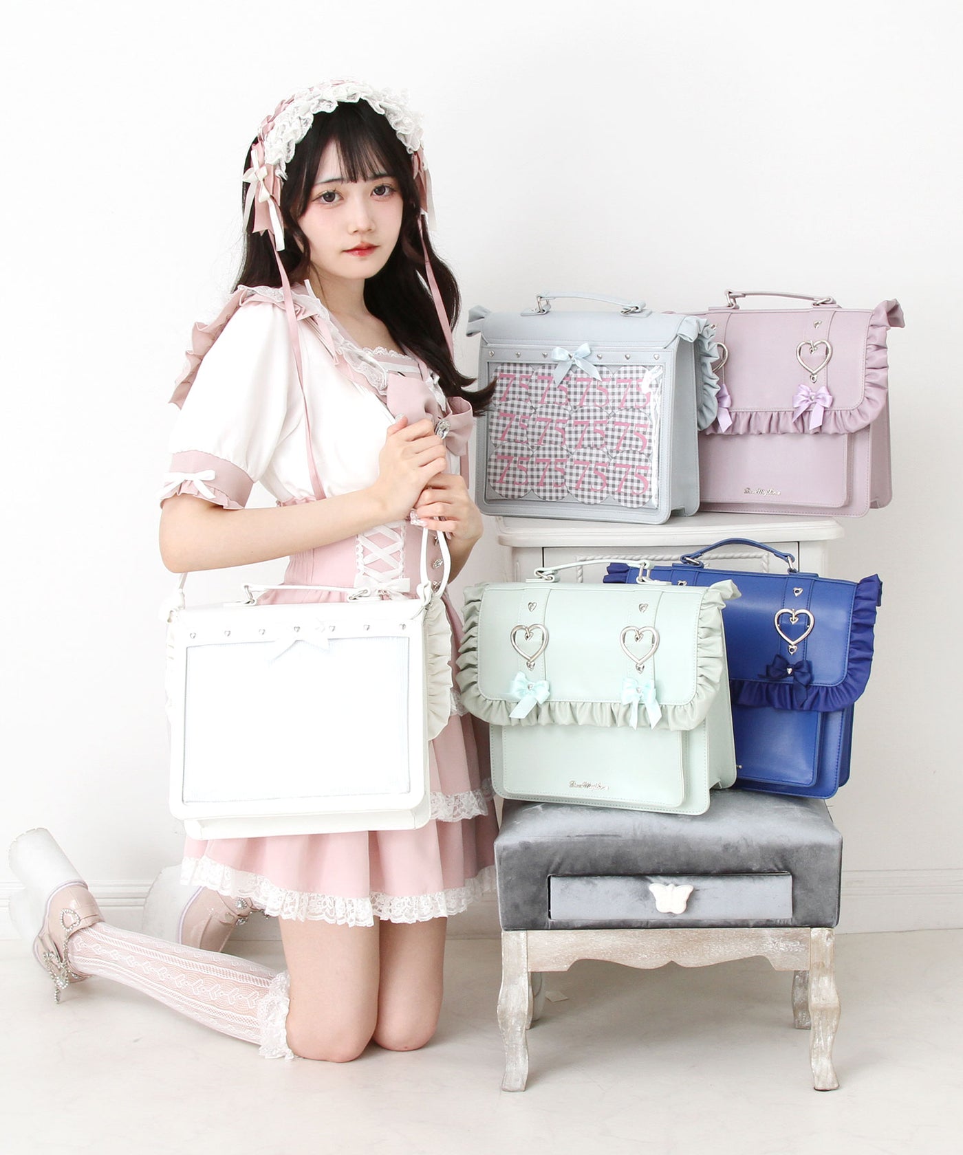 インディゴハート柄デニム♡刺繍のショルダーバッグ♡フリルリボン猫