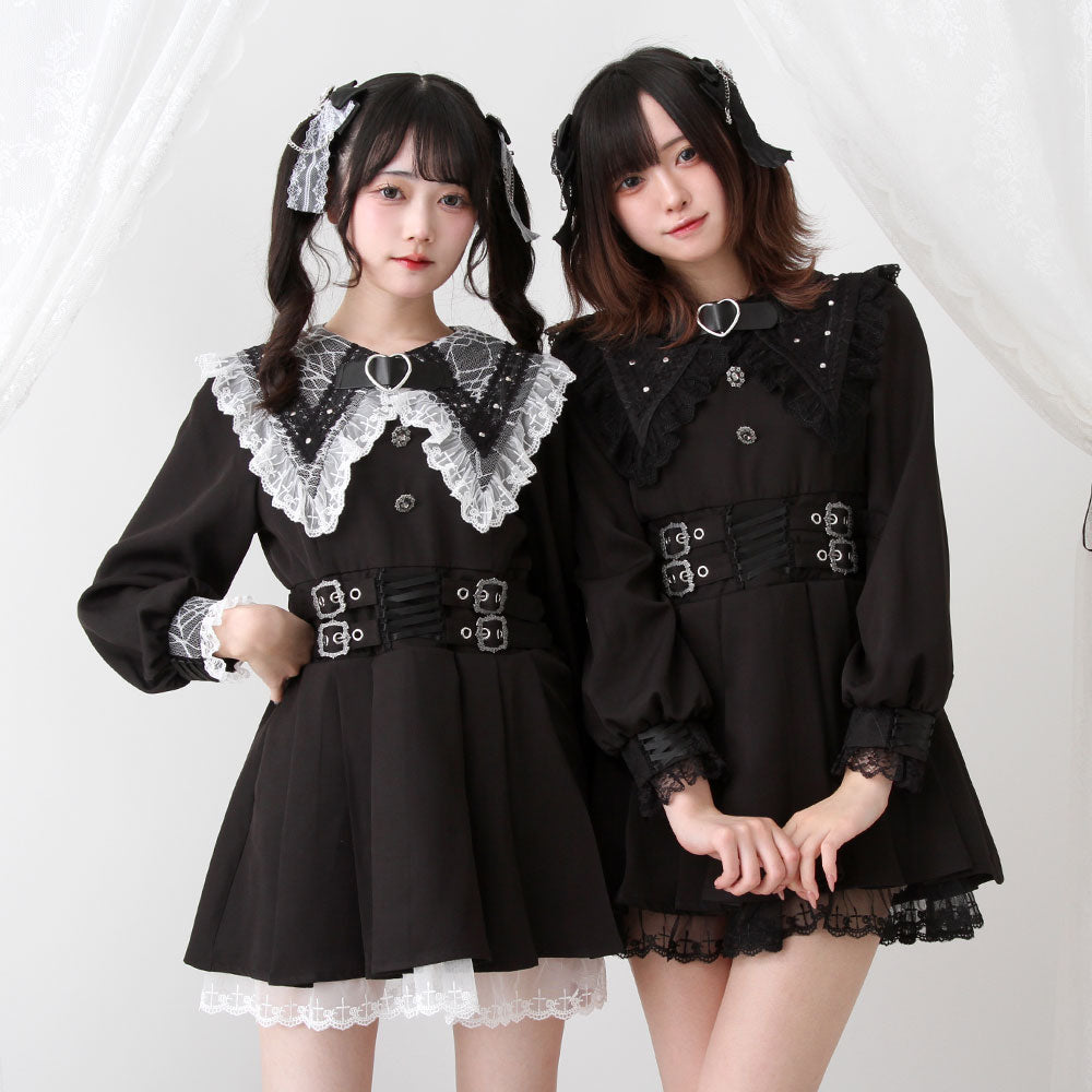 クモレース角襟ベルトレースアップワンピース – レディース