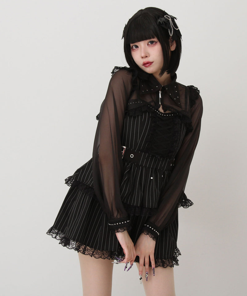 スタッズジップシアーボレロレースフリルキャミワンピース
