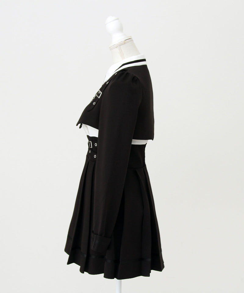 ジャケット風チェーンネクタイベルトプリーツワンピース – レディース