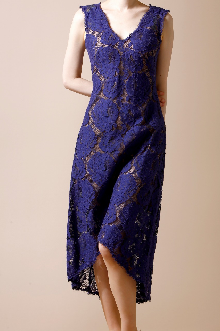 TADASHI SHOJI 花紺 薔薇レースVネックノースリーブミディアムフレ