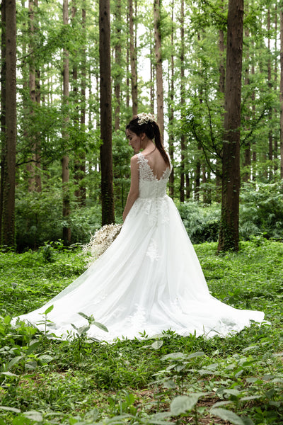 刺繍レース Vネック Aラインドレス（W170）