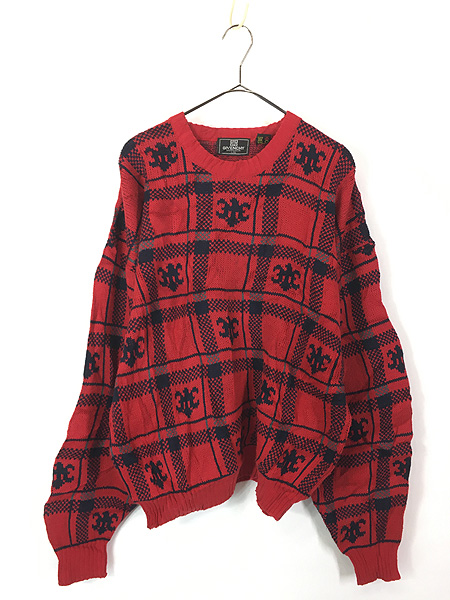 古着 80s GIVENCHY 紋章 マルチ チェック 総柄 アクリル ウール ニット