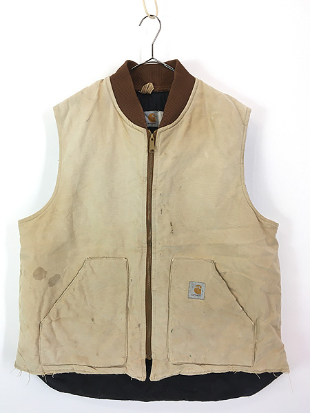 古着 80s USA製 Carhartt ダメージ ブラウン ダック 首リブ パデット