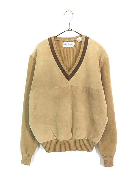 古着 80s Oleg Cassini 本革 スエード レザー × アクリル ニット
