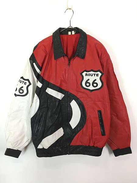 古着 90s ROUTE 66 パッチワーク 本革 オール レザー 襟付き