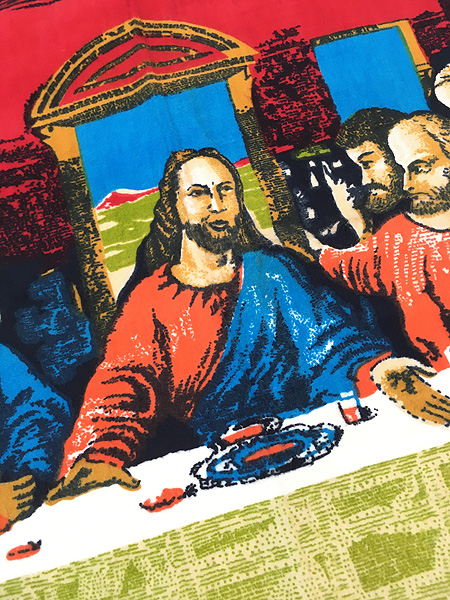 雑貨 古着 トルコ製 絵画 「最後の晩餐」 光沢 ベロア ラグ マット