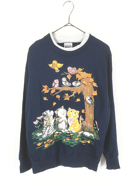 レディース 古着 90s USA製 鳥 猫 落ち葉 重ね着風 スウェット