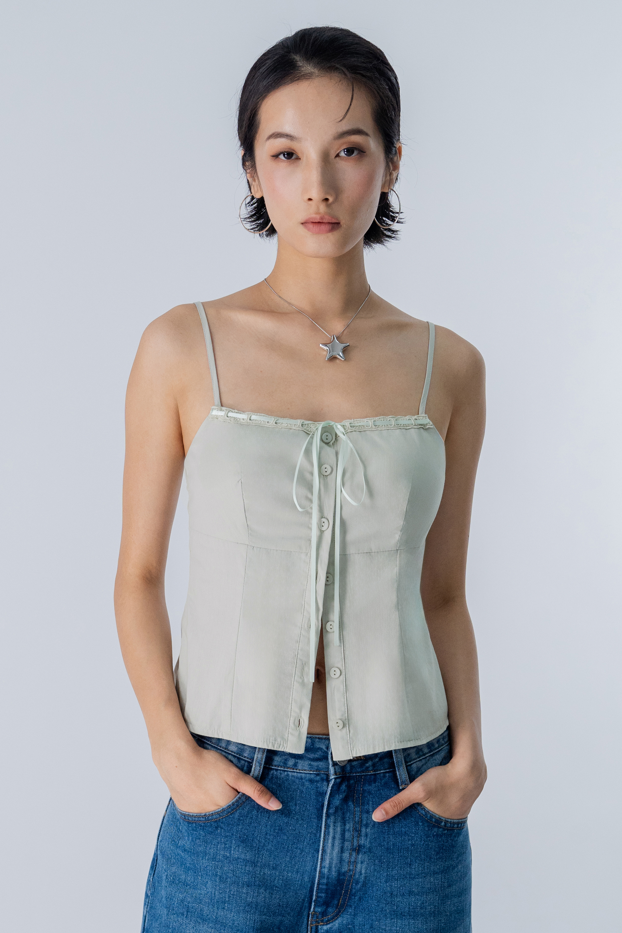 Electric Laced Ribbon Top in Sage Green