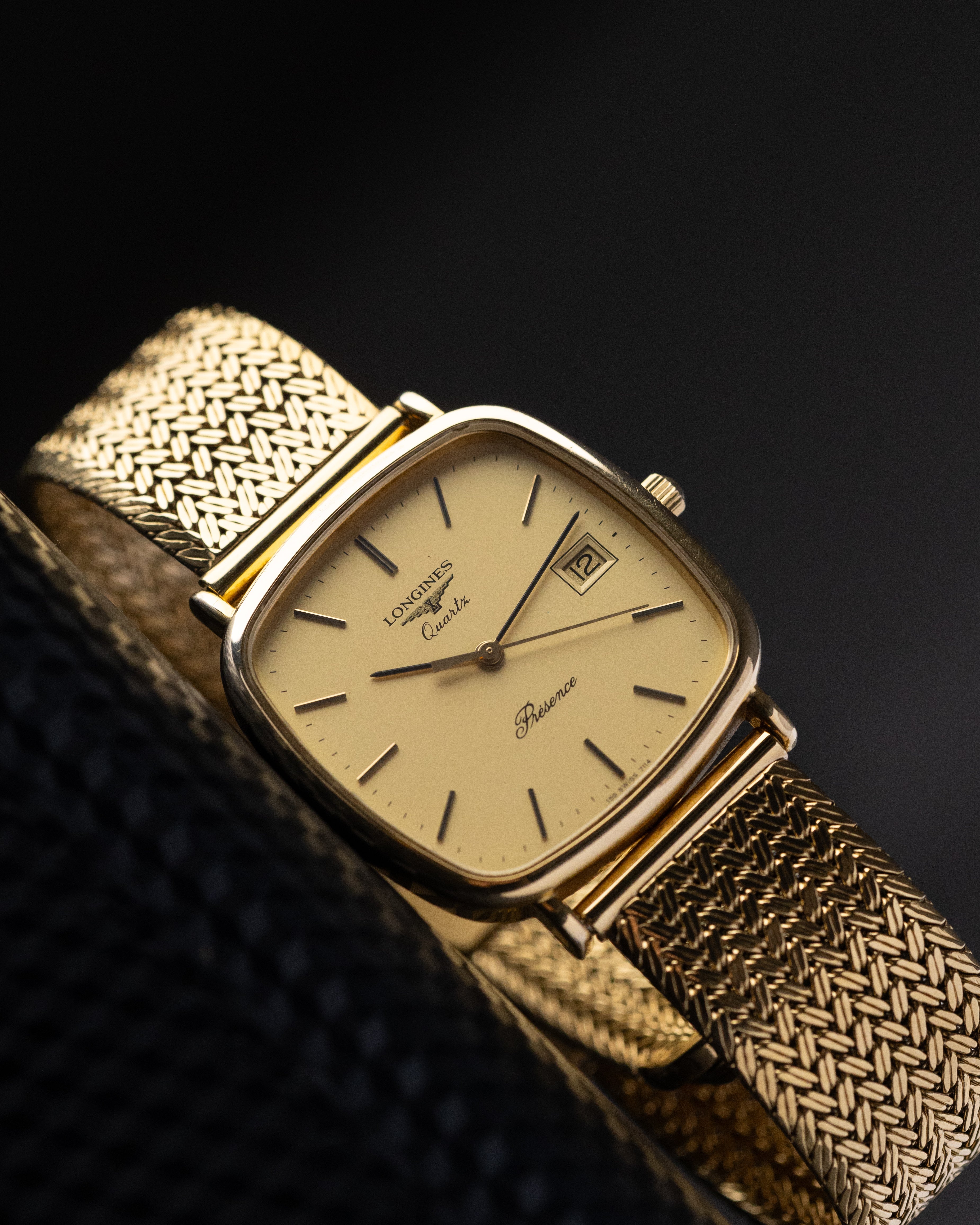 Vintage Longines Presence, Swiss Quartz Watch, Cushion Case, Date