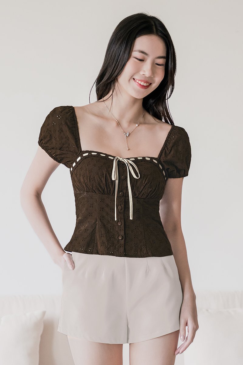 Chloee Padded Contrast Ribbon Babydoll Top (Brown) | Dear Lyla