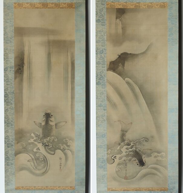 倣 狩野融川 狩野探信守道 合作【瀧鯉図】双幅掛軸 Z381｜骨董店