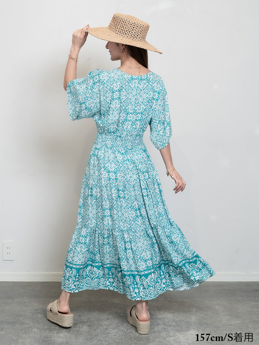 roomy by the sea(ルーミーバイザシー)タイル柄半袖フレアマキシ